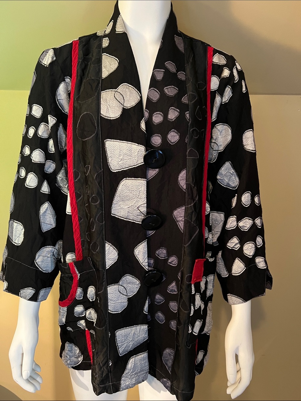 Ali Miles Black & Silver Abstract Dot Button-Front Jacket with Red Trim
